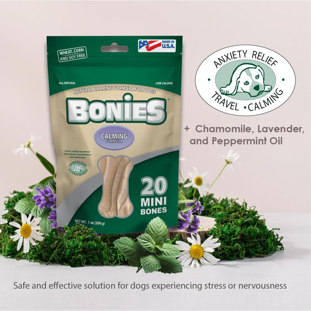 Green Pet Organics BONIES Natural Calming Formula Dog Treats - Contains Chamomile & Lavender, Help Anxiety, Excessive Barking & Trembling, Chicken Flavor, Large, 5 Bones