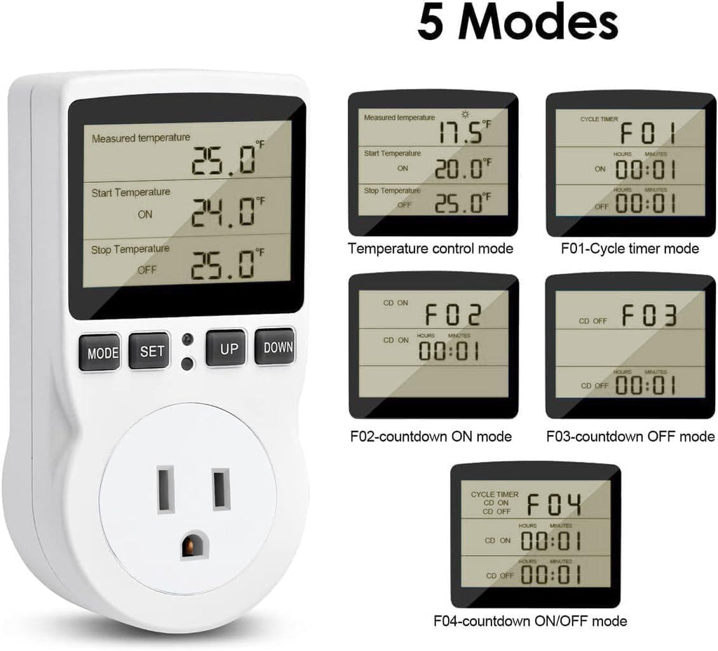 Diymore 1800W Plug in Thermostat Temperature Controller Electric Digital RV Thermostats Heating Cooling Control Mode Timer White 120V 15A Digital Temperature Controller Thermostat Timer LCD Display