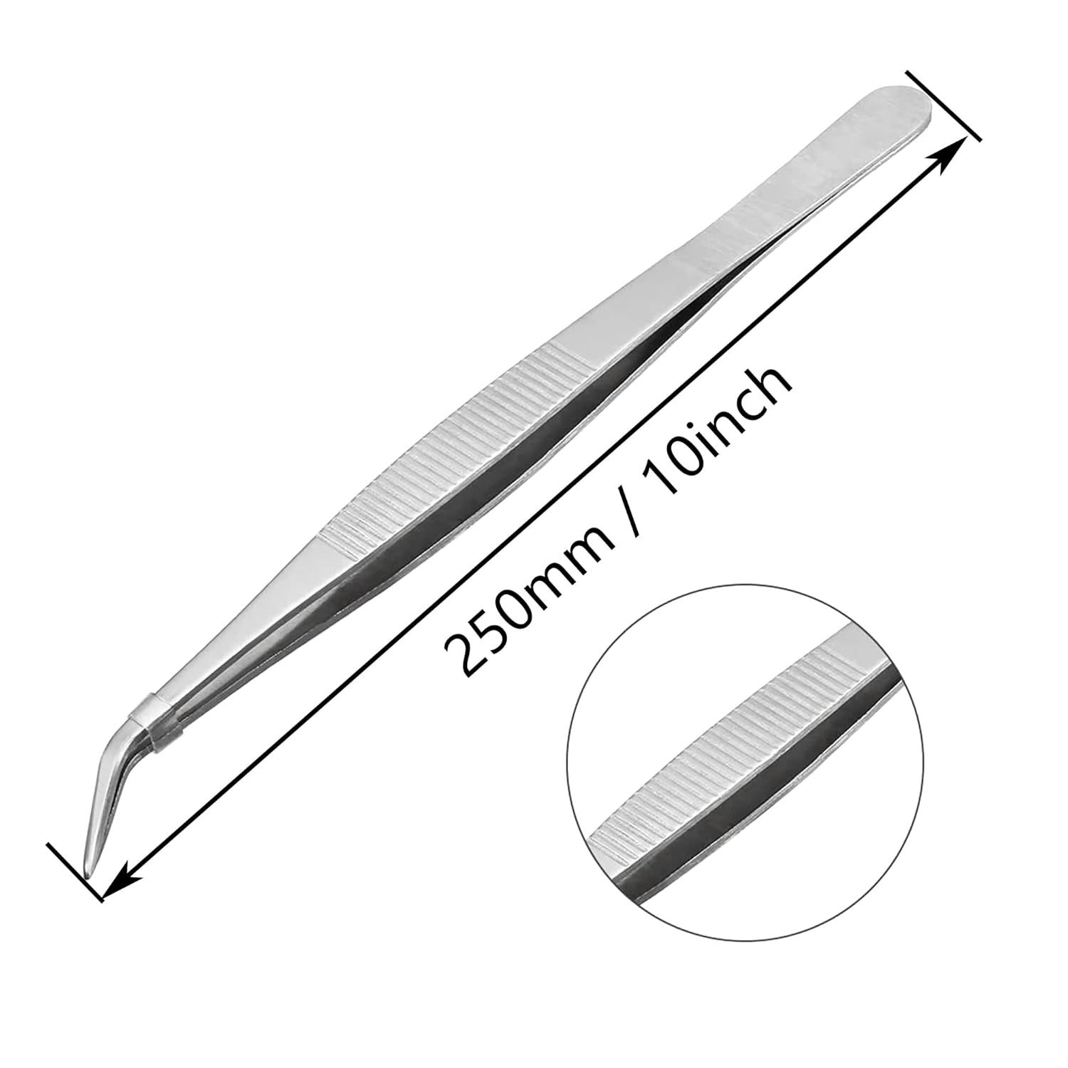 250mm Long Forceps Tweezers, Serrated Bent Flat Tips Precision Curved Science Surgical Tongs Jewelers Needle Metal Sewing Sharp Small Kitchen Cooking Tweezers Teeth Knurled Handles (1PCS)