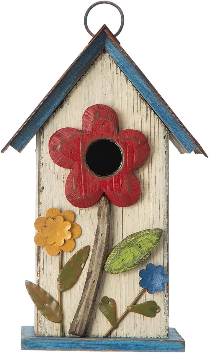 Glitzhome 10.2" H Hanging Bird House for Outdoor Patio Garden Decorative BirdHouse Pet Cottage Wooden Distressed Birdhouse with 3D Flowers, Washed White
