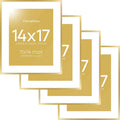 Homeforia 14x17 Picture Frame Gold, High End Metal 14x17 Poster Frames with Mat 11x14 Photo, 14 x 17 Gold Frames Matted to 11 by 14 Print, 17x14 Thin Hanging Frames, Tempered Glass, Wall Kit, Set of 4