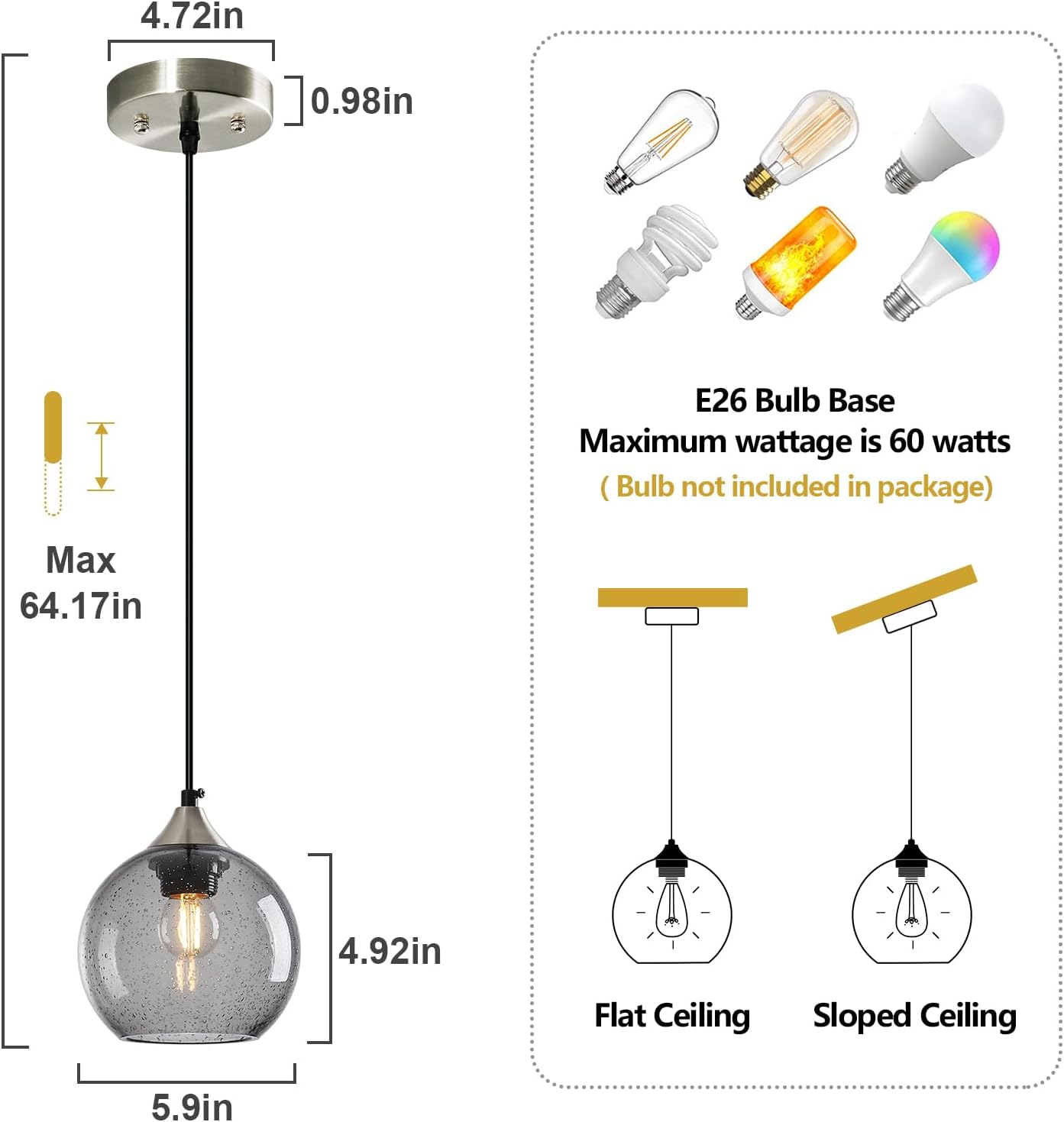 Light Grey Glass Pendant Lights Kitchen Island Globe Pendant Light Fixtures Modern Pendant Lighting for Bedroom Living Dining Room Light Fixture (5.9 in, 3 Pack)