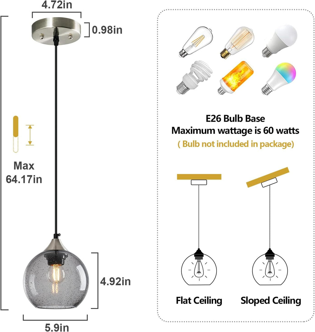 Light Grey Glass Pendant Lights Kitchen Island Globe Pendant Light Fixtures Modern Pendant Lighting for Bedroom Living Dining Room Light Fixture (5.9 in, 1 Pack)