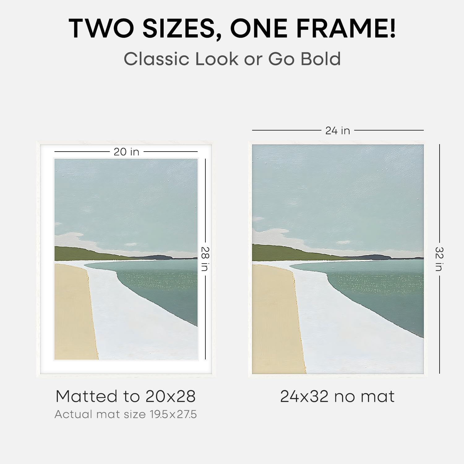 Homeforia 24x32 Picture Frame, White Wood, High End Oak, Matted to 20x28, Tempered Glass, Wall Hook Included, Set of 1