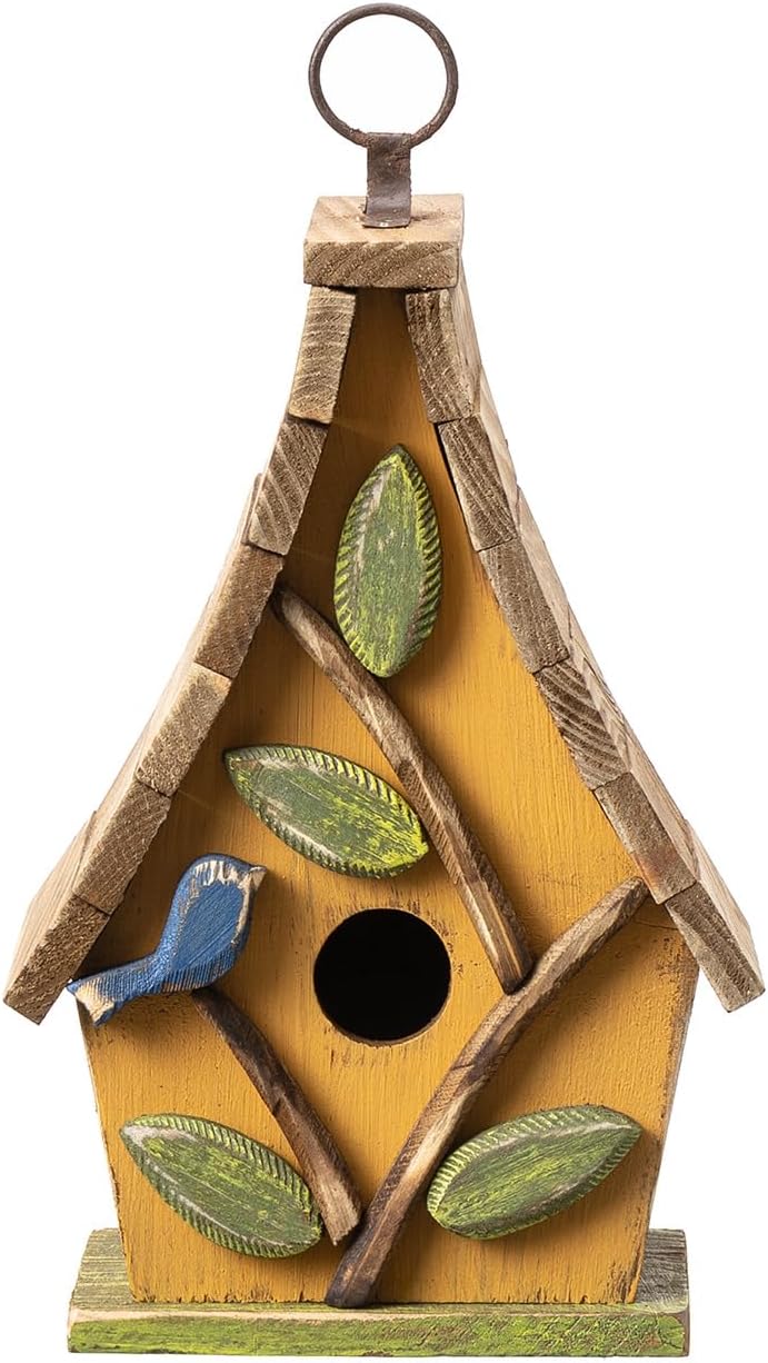 Glitzhome Bird Houses for Outside, Bluebird Houses for Outdoors, 9.5"H Hanging Bird House Decorative Solid Wood Birdhouse with Natural Wood Pallet Roof for Hummingbird,Sparrow,Wren Finch,Washed Yellow