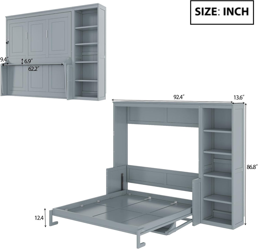 MERITLINE Queen Murphy Bed with Desk and Storage Shelves,Wood Hideaway Murphy Wall Bed with Storage Bookcase for Adults (Grey)