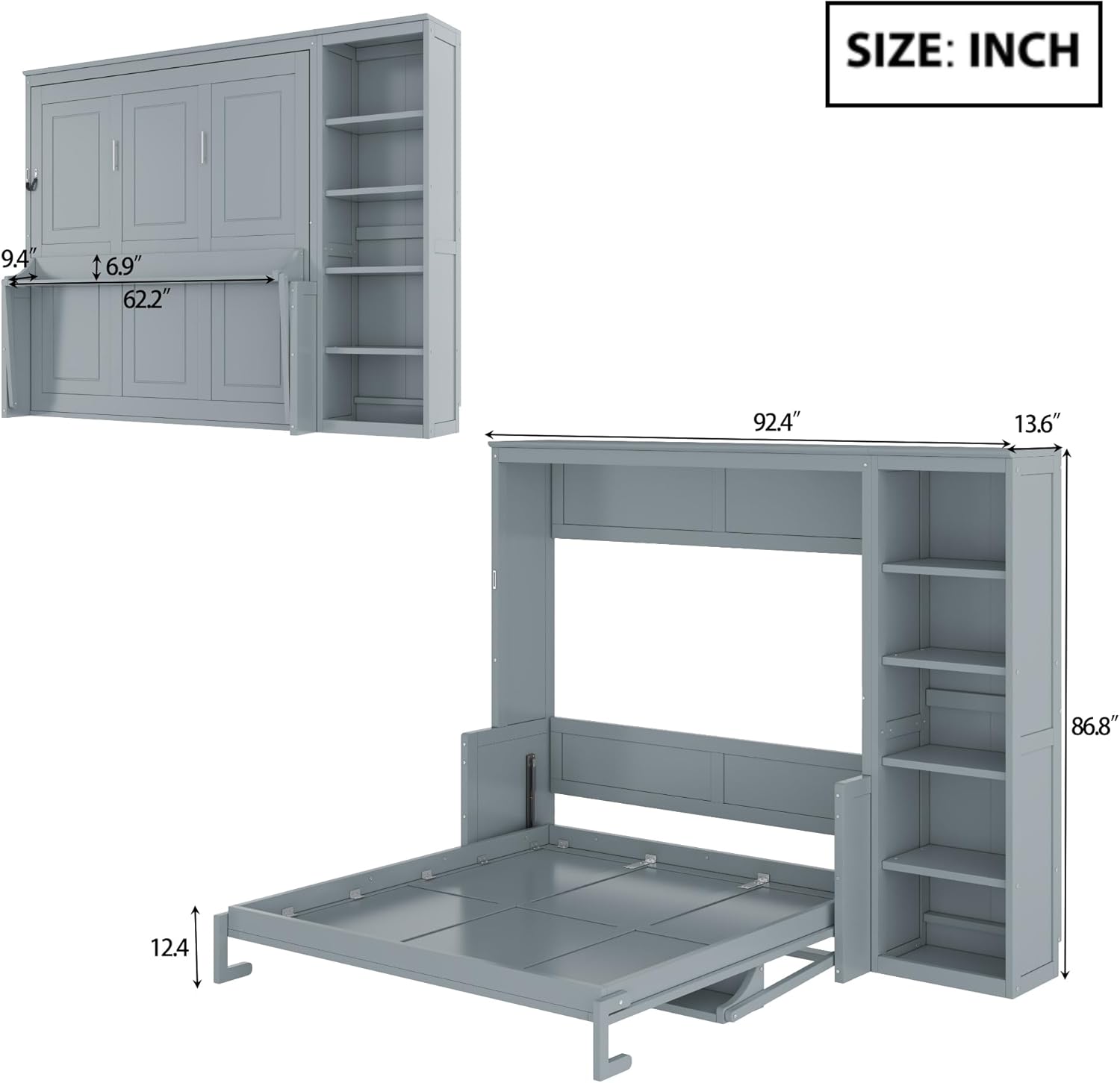 MERITLINE Queen Murphy Bed with Desk and Storage Shelves,Wood Hideaway Murphy Wall Bed with Storage Bookcase for Adults (Grey)
