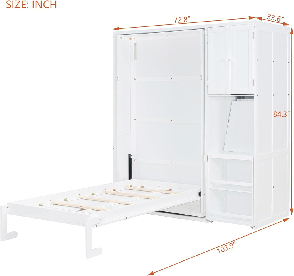 MERITLINE Twin Murphy Bed with Storage Bookcase Bookshelf, Extendable Desk and Cabinet, Wood Rotatable Hidden Murphy Bed with Desk and Shelves,for Adults (White)