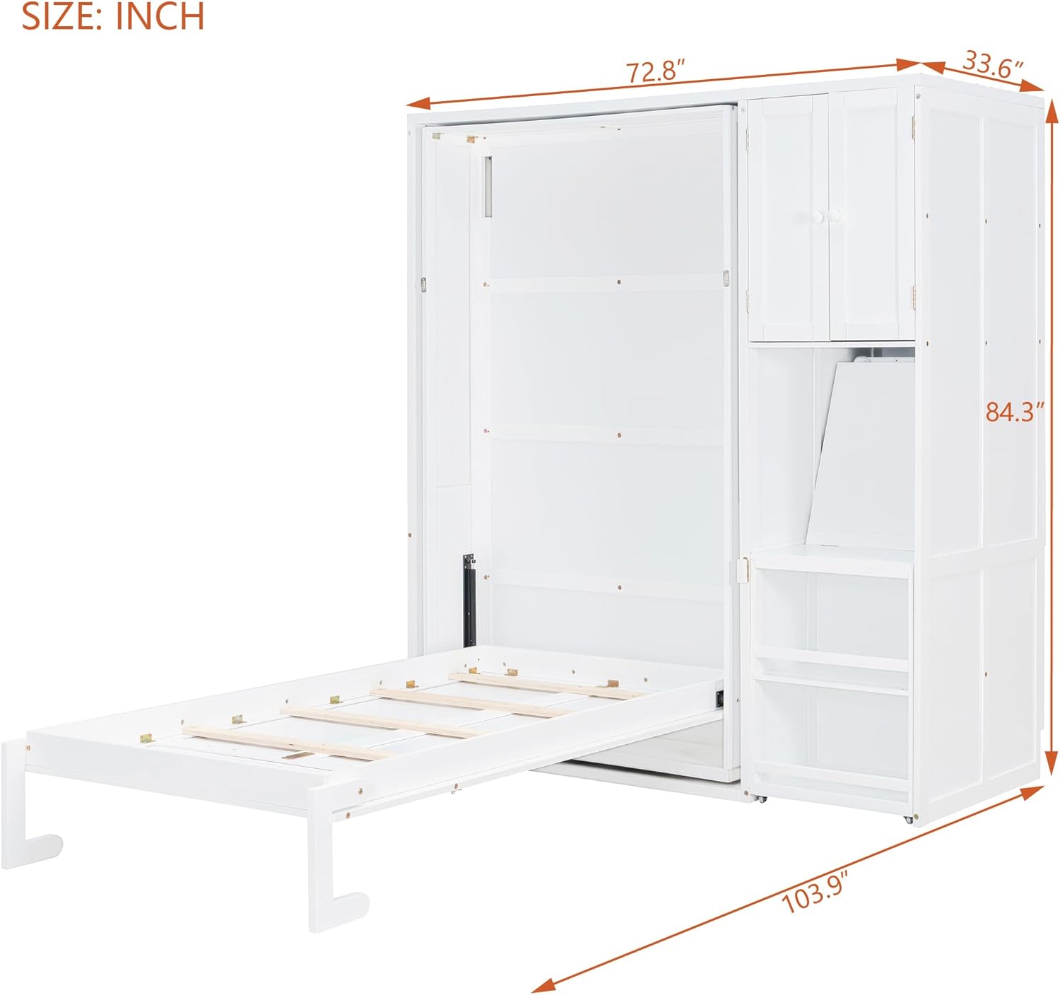 MERITLINE Twin Murphy Bed with Storage Bookcase Bookshelf, Extendable Desk and Cabinet, Wood Rotatable Hidden Murphy Bed with Desk and Shelves,for Adults (White)