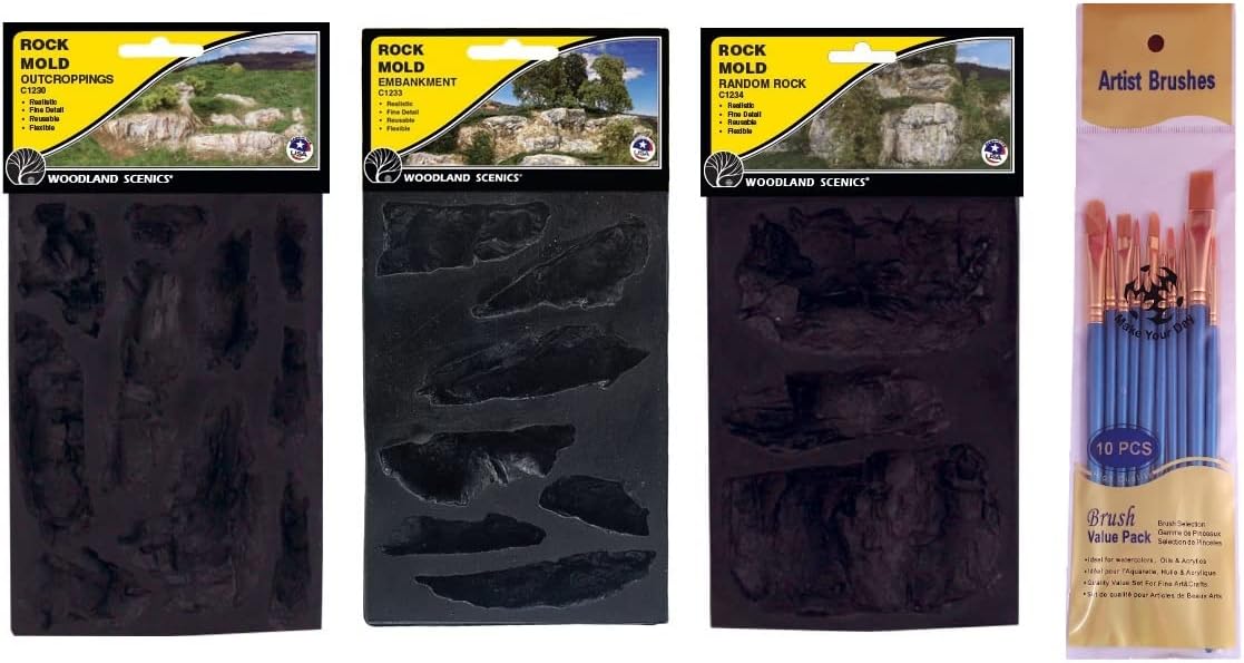 Woodland Scenics Rock Molds, Outcroppings C1230, Embankment C1233, and Random Rock C1234 with Make Your Day Paintbrushes