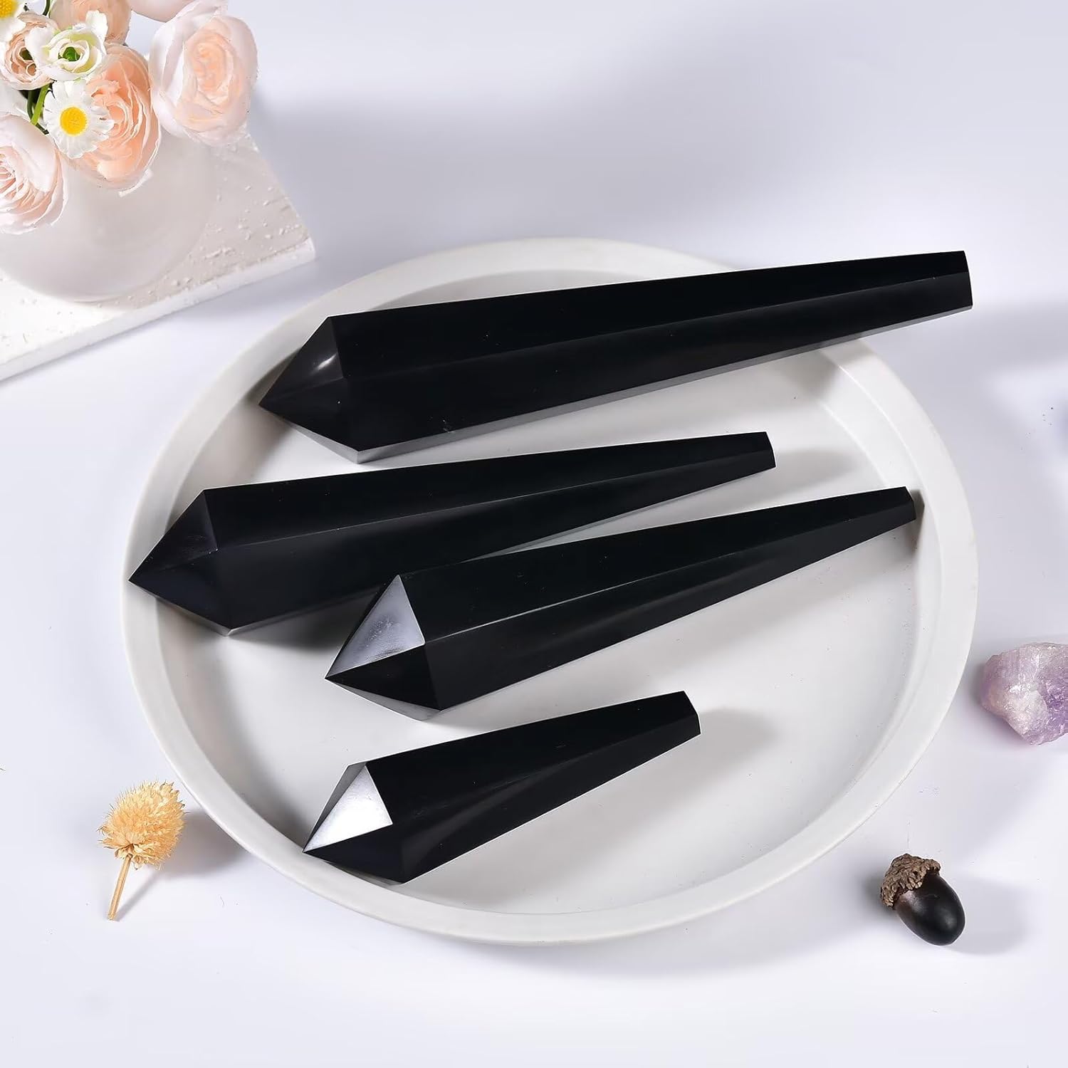 Obsidian Wand Point Long Healing Crystal Scepter Decorative Stone Reiki Meditation with Display Stand Home Office Decor 0.2-0.4LBS