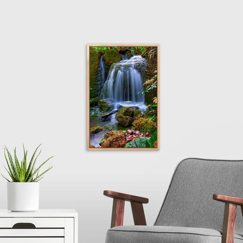 CANVAS ON DEMAND Waterfall in Tropical Rainforest of Fairchild Tropical Gardens, Natural Wood Float Framed Canvas Wall Art Print, Home Decor, Floral, Flowers, Nature Artwork, 12" x18in