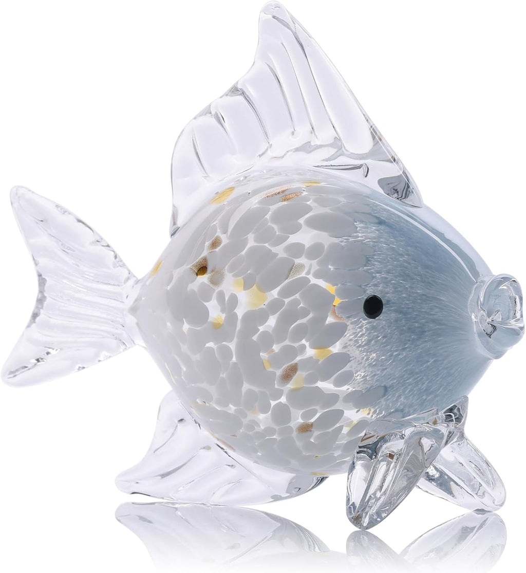 Large Hand Blown Glass Fish Figurines, Aquarium Sea Glass Art, Blue White Fish Statue Sculpture Modern Coastal Accent - for Beach Knick Knacks, Coffee Tables, Nautical Offices Centerpiece