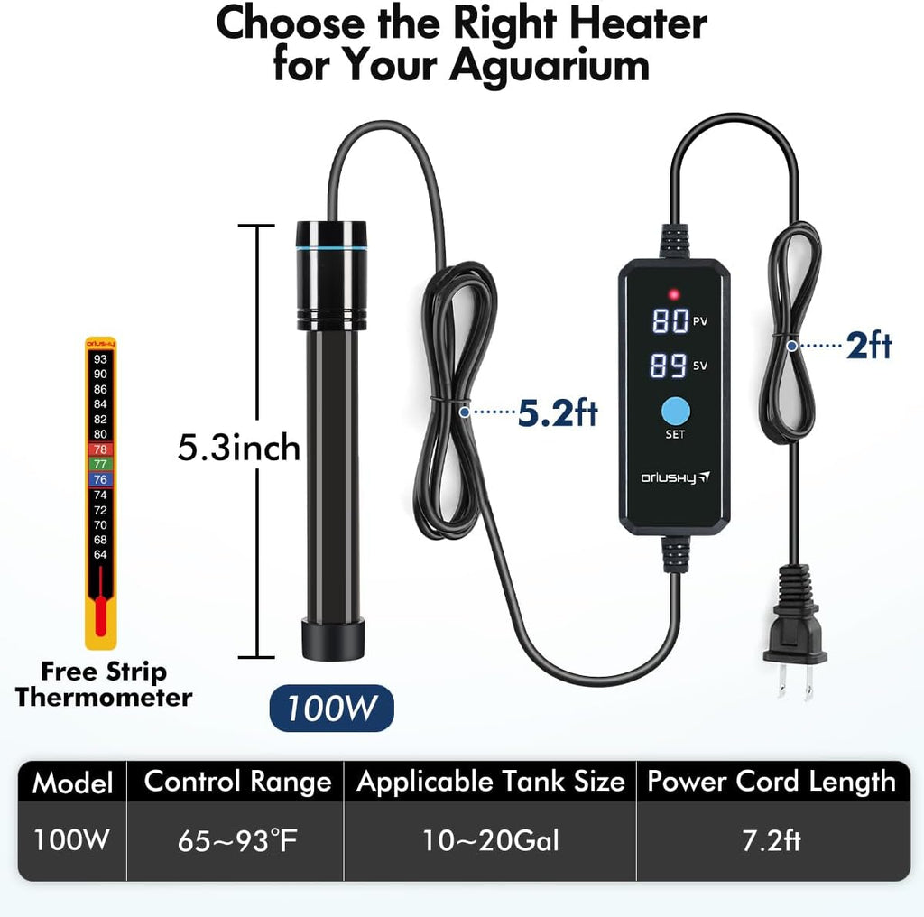 Orlushy 100W Submersible Aquarium Heater, Adjustable Fish Tank Heater with Digital Display External Controller, Overheat Protection and Free Thermometer for 10-20 Gallon Freshwater and Saltwater Tank
