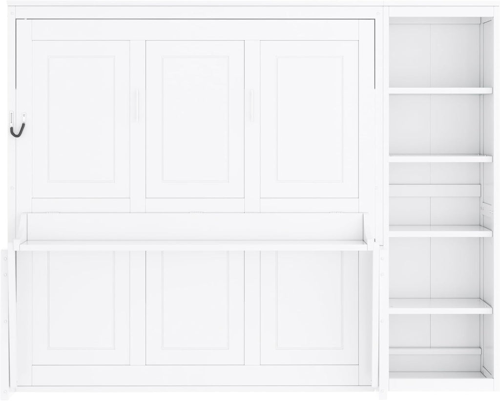 MERITLINE Queen Murphy Bed with Desk and Storage Shelves,Wood Hideaway Murphy Wall Bed with Storage Bookcase for Adults (White,Queen)