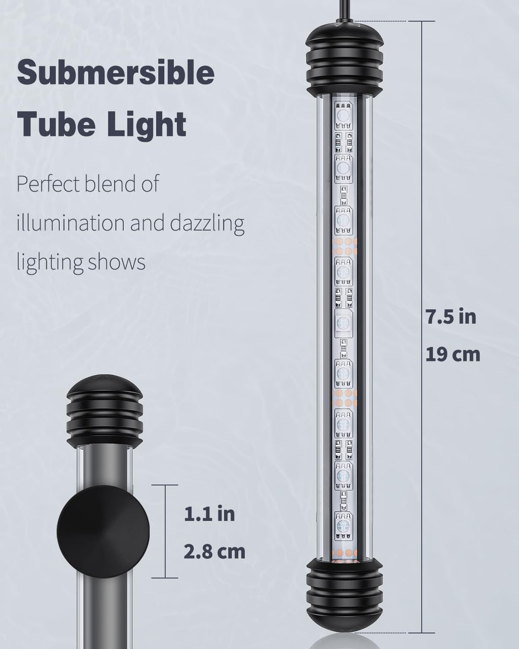 Pawfly 1.8 W Aquarium LED Light 7.5 Inch Underwater Fish Tank Light with Timer Auto On/Off Fish Tank Background Lights with 8 Lighting Modes Submersible Multi-Colored Tube Lights for Decoration