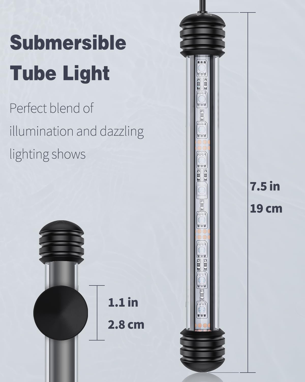 Pawfly 1.8 W Aquarium LED Light 7.5 Inch Underwater Fish Tank Light with Timer Auto On/Off Fish Tank Background Lights with 8 Lighting Modes Submersible Multi-Colored Tube Lights for Decoration
