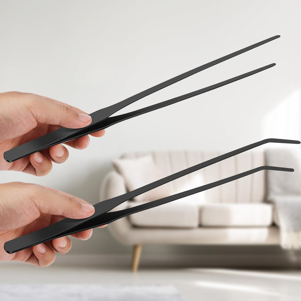 2pc-10.6"Aquarium Tweezers,Stainless Steel Straight and Curved Tweezers Set,Long Handle Reptile Feeding Tongs for Lizards, Bearded Dragon Snake Tank Accessories (Black)
