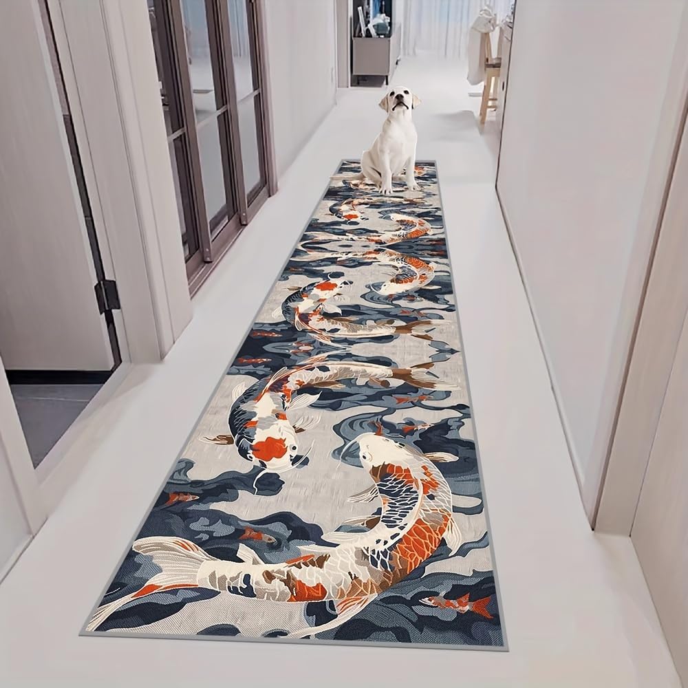 Chinese Koi Runner for Entryway, 2.6x7ft, Ink Painting Koi Fish Indoor Carpet, Breathable Soft Reduce Noise Kitchen Rug, Printed Fade Resistant Durable Rugs for Indoor Entry Kids Teen