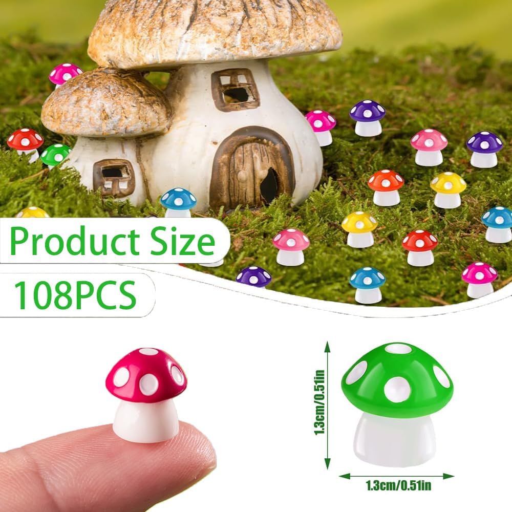 Mini Resin Mushrooms - 108PCS Bulk Small Fairy Garden Decor with 9 Colors, Miniature Mushroom Figurines for Terrarium, Dollhouse, Plant Pot, Aquarium Landscape, DIY Crafts