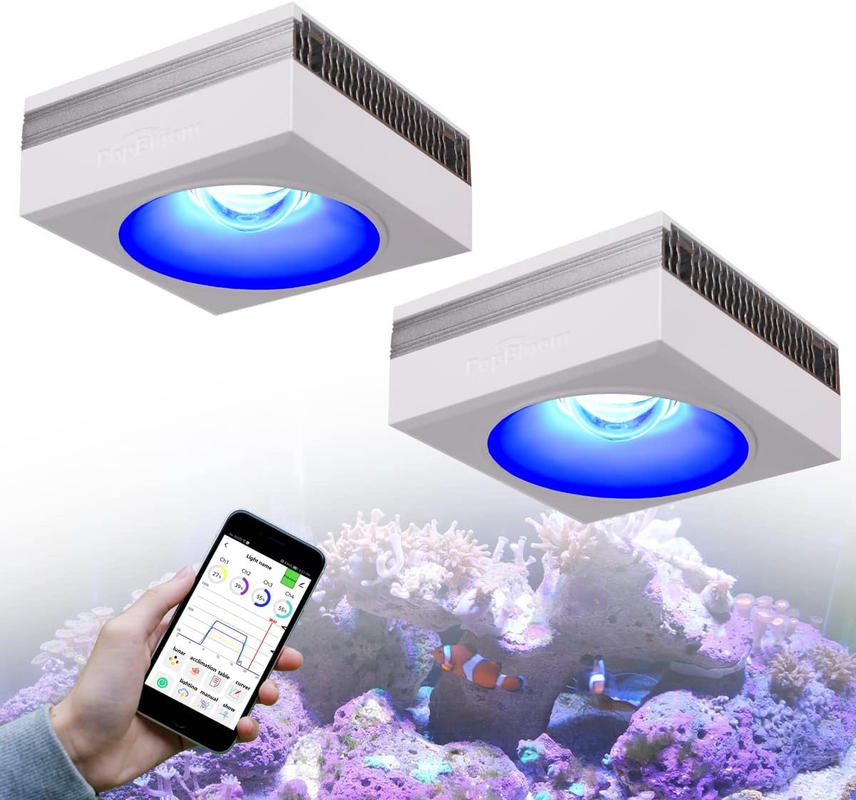 PopBloom RL90 Reef 2PCS Marine Led Aquarium Light Full Spectrum for 36"-48" Reef Coral SPS LPS Reef Coral Saltwater Tank Lamp(RL90-White with Hang Kit, Phone Control)