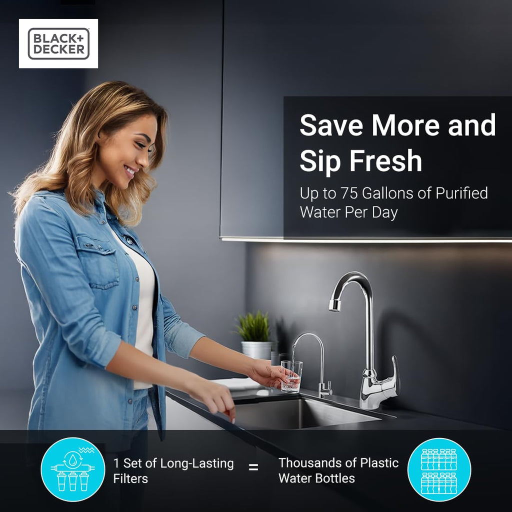 BLACK+DECKER RO 75 Under Sink Water Filter, Alkaline 6-Stage Filtration System, pH+ Remineralization RO Water Filter System,Reduces PFAS, PFOS, Microplastics, NSF/ANSI 58 Certified