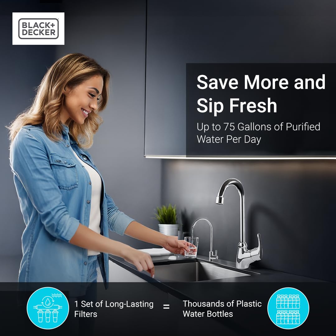 BLACK+DECKER RO 75 Under Sink Water Filter, Alkaline 6-Stage Filtration System, pH+ Remineralization RO Water Filter System,Reduces PFAS, PFOS, Microplastics, NSF/ANSI 58 Certified