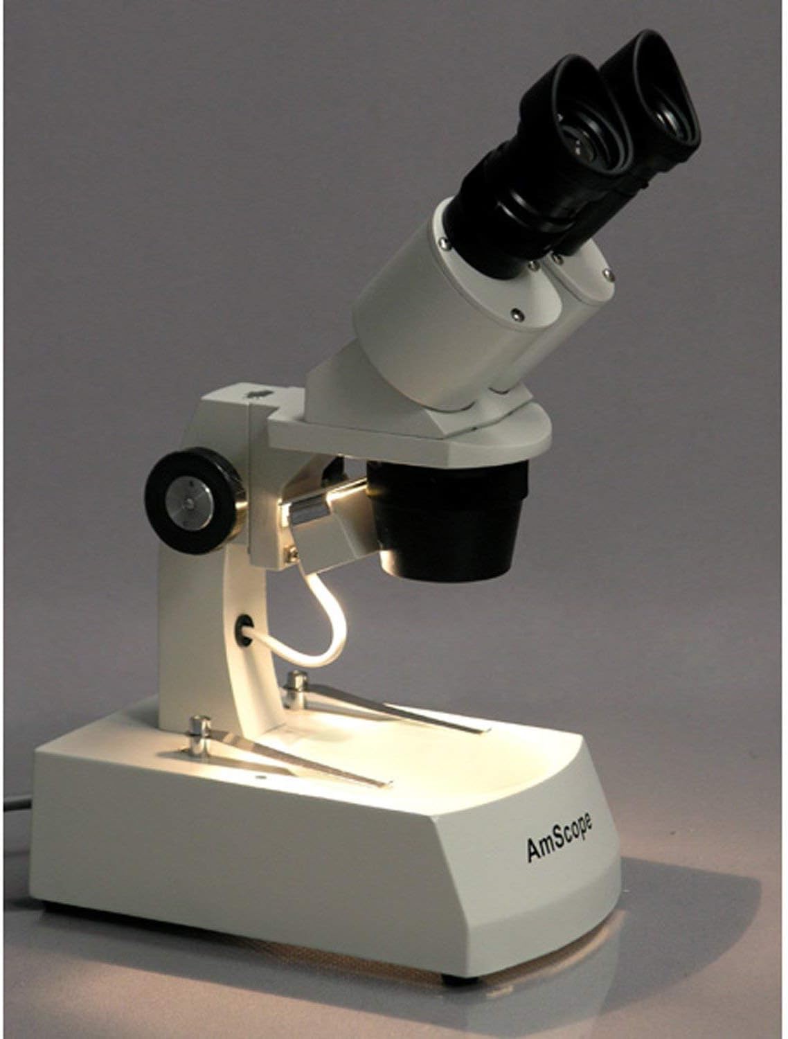 AmScope SE306R-AZ Forward-Mounted Binocular Stereo Microscope, WF10x and WF20x Eyepieces, 20X/40X/80X Magnification, 2X and 4X Objectives, Upper and Lower Halogen Lighting, Reversible Black/White Stage Plate, Arm Stand, 120V