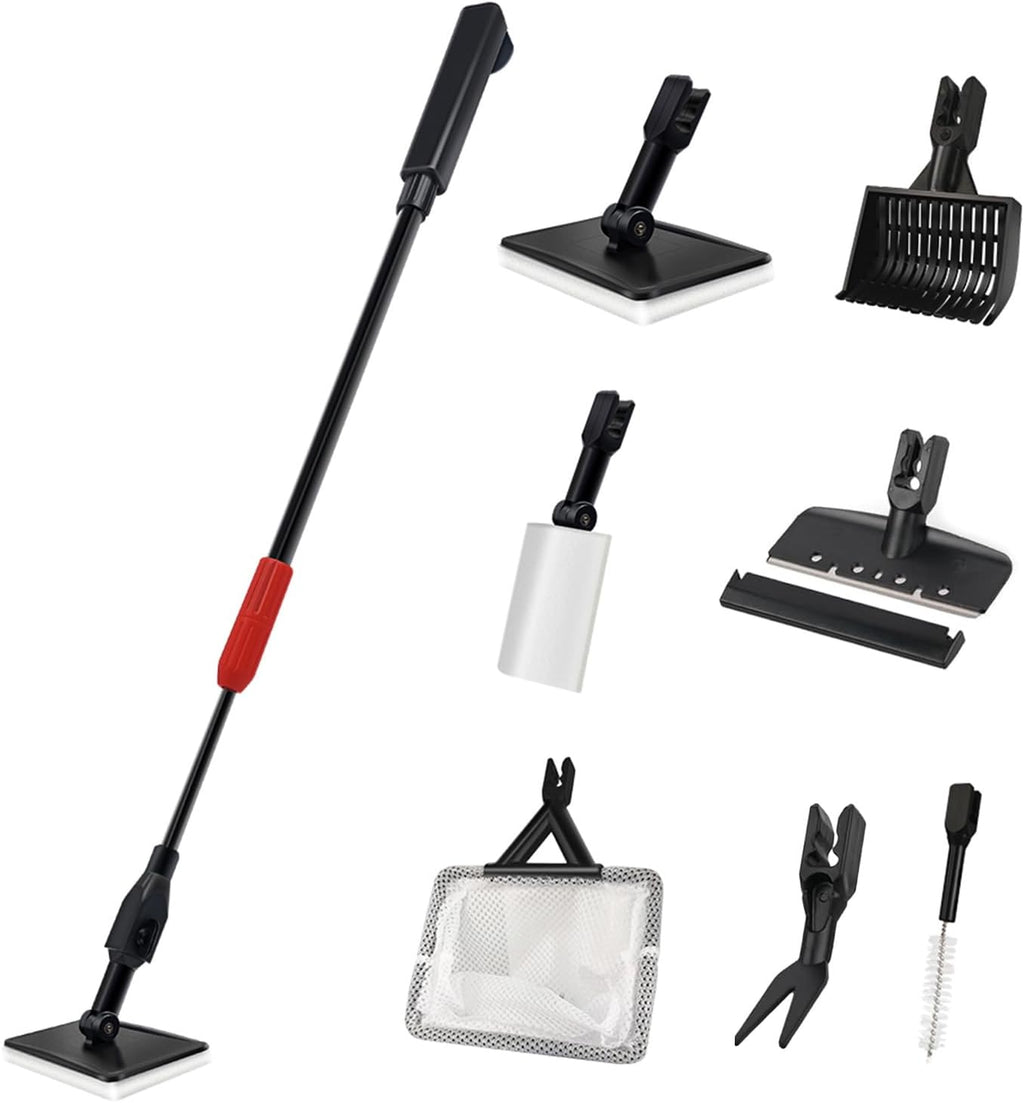 Aquarium Cleaning Tools, 7 in 1 Fish Tank Cleaning Kit with Adjustable Long Handle,Aquarium Sponge Brush, Scraper Cleaner,Fish Net,Tube Brush,Fork,Gravel Rake for Fish Tank Cleaner
