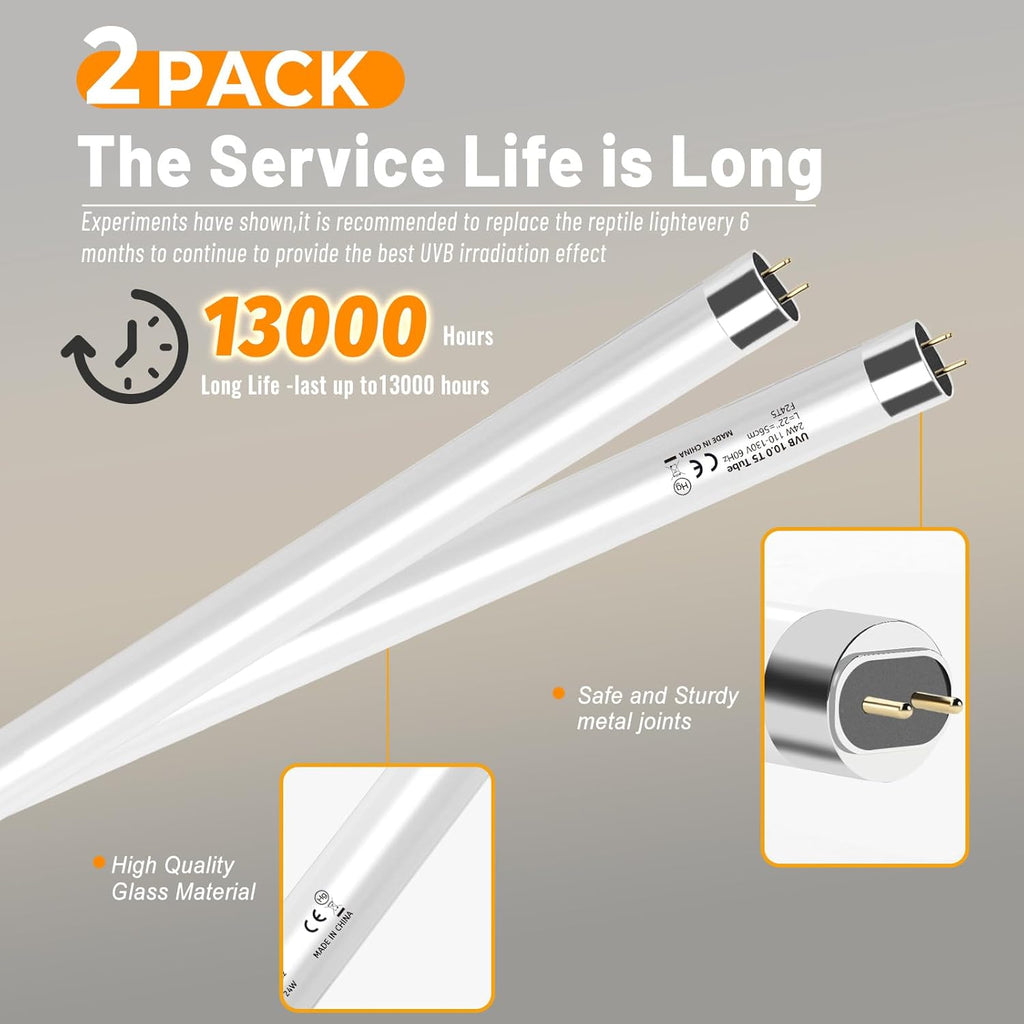 2 Pack T5 HO 10.0 UVB Reptile Bulb 8W, 12-Inch UVA Light for Bearded Dragons, Turtles, Chameleon and Lizards - Fluorescent Lamp Tube for Tropical Desert Lighting