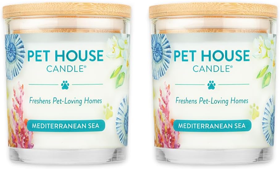 One Fur All Pet House Candle 2 Pack - Plant-Based/Soy - Clean Burning Scented, Long Lasting Pet Odor Candle for Home - Mediterranean Sea