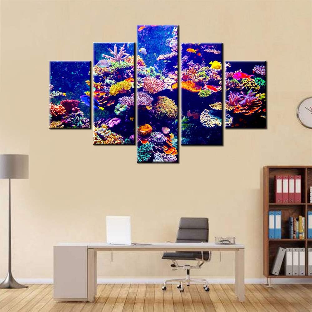 House Decoration Living Room Coral Reef and Tropical Fish in Sunlight Picture Underwater Seascape Painting Contemporary Artwork Red Canvas Artwork Framed Ready to Hang Posters and Prints(60''Wx40''H)