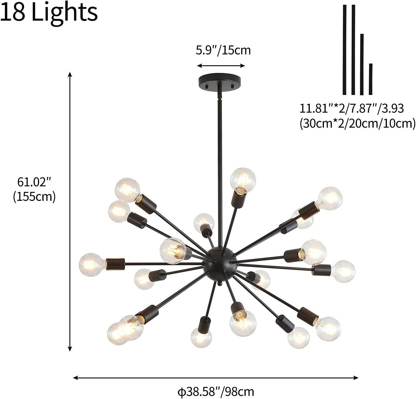 Mid-Century Sputnik Chandeliers 18-Lights, Modern Semi Flush Mount Ceiling Light Fixture Industrial Retro Hanging Lamps for Kitchen Living Room Dining Bedroom Corridor, Black（Bulb Not Included）