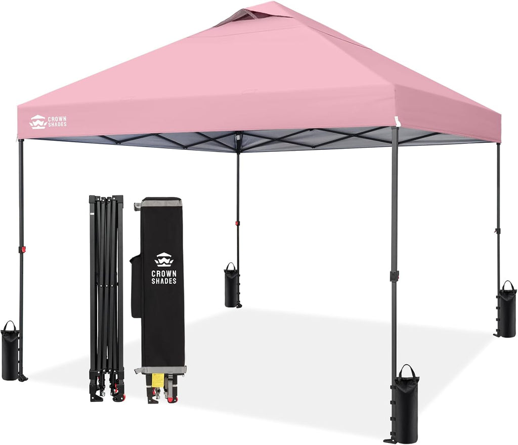 CROWN SHADES 10x10 Pop Up Canopy Tent - Patented Center Lock One Push Instant Outdoor Canopy Beach Tent with STO-N-Go Bag 8 Stakes & 4 Sand Bags，Pink