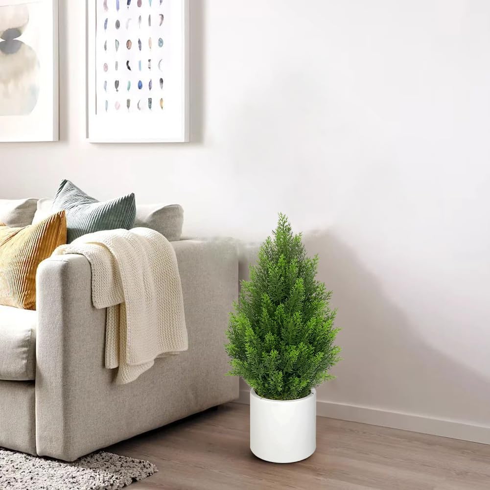 Briful 27” Artificial Cedar Topiary Tree in White Planter – Realistic Faux Evergreen Floor Plant with Layered Leaves, Decorative Indoor Outdoor Potted Shrub for Home, Office, Patio, Porch
