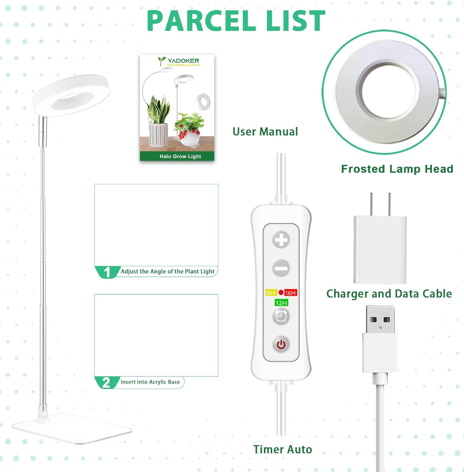 yadoker Halo Plant Grow Light,yadoker LED Growing Light Full Spectrum for Indoor Plants,Height Adjustable, Automatic Timer, 5V Low Safe Voltage,Idea for Small Plants