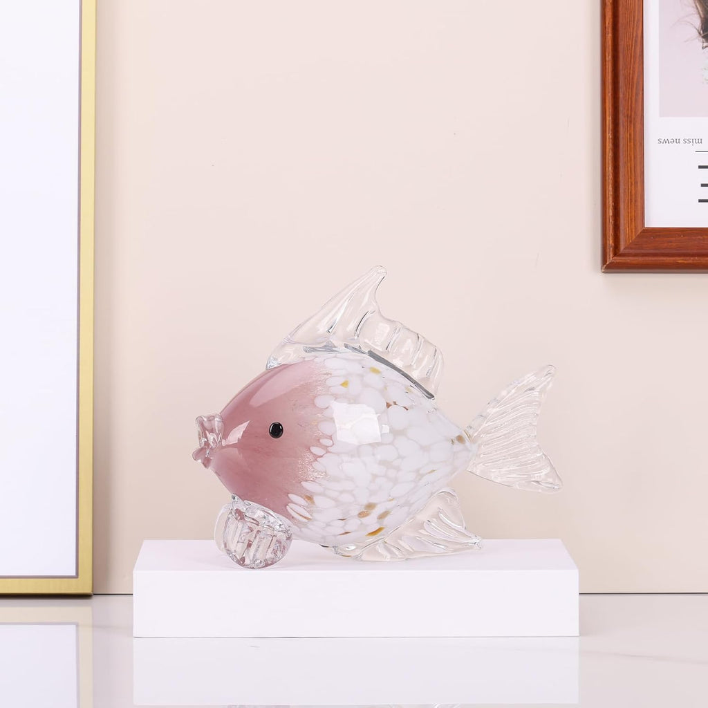 Large Hand Blown Glass Fish Figurines, Aquarium Sea Glass Art, Pink Fish Statue Sculpture Modern Coastal Accent - for Beach Knick Knacks, Coffee Tables, Nautical Offices Centerpiece