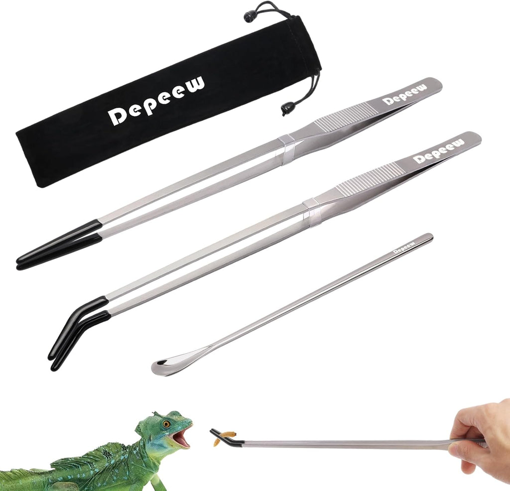 4 Pack Extra Long Reptile Feeding Tongs,10.6" Stainless Steel Straight & Curved Long Tweezers with Rubber Tip, 7.6" Feeding Spoon for Bearded Dragon Tank Accessories, Silver