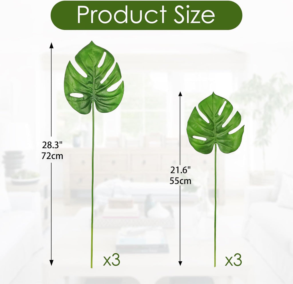 Hollyone 6 Pack Artificial Monstera Leaves with Stems Real Touch Faux Monstera Turtle Safari Leaf Fake Palm Tropical Plants for Vase Hawaiian Luau Party Jungle Beach Table Home Wedding Kitchen Decor