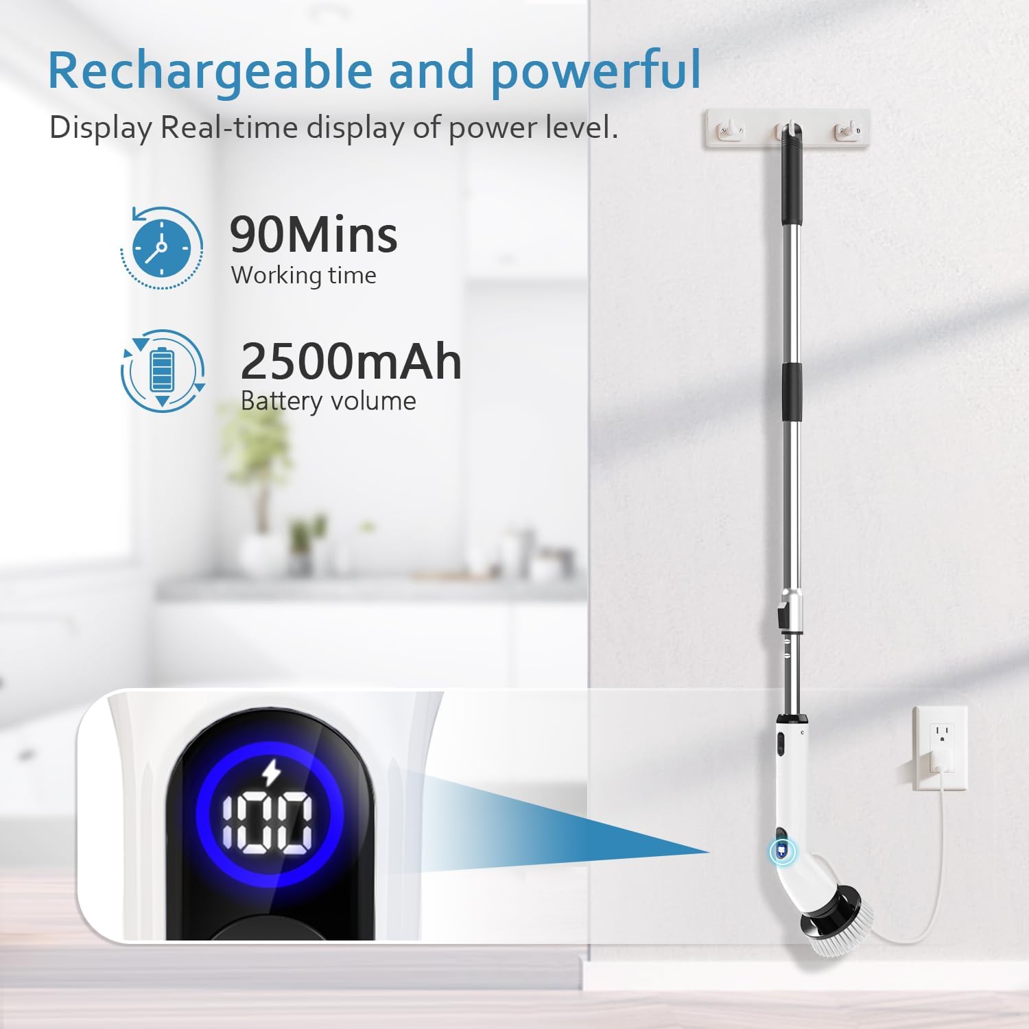 TUYU Electric Spin Scrubber, Full-Body IPX7 Waterproof Bathroom Scrubber with Power LCD Display, 8 Replacement Head, Adjustable Extension Handle, Cordless Shower Cleaner Brush for Bathtub Cleaning