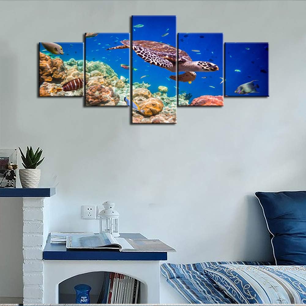 Sea Turtle Art Hawksbill Turtle Pictures Aquatic Sealife Paintings 5 Panel Canvas Wall Art Underwater World Artwork House Decor Living Room Wooden Framed Ready to Hang Poster and Prints(50''Wx24''H)