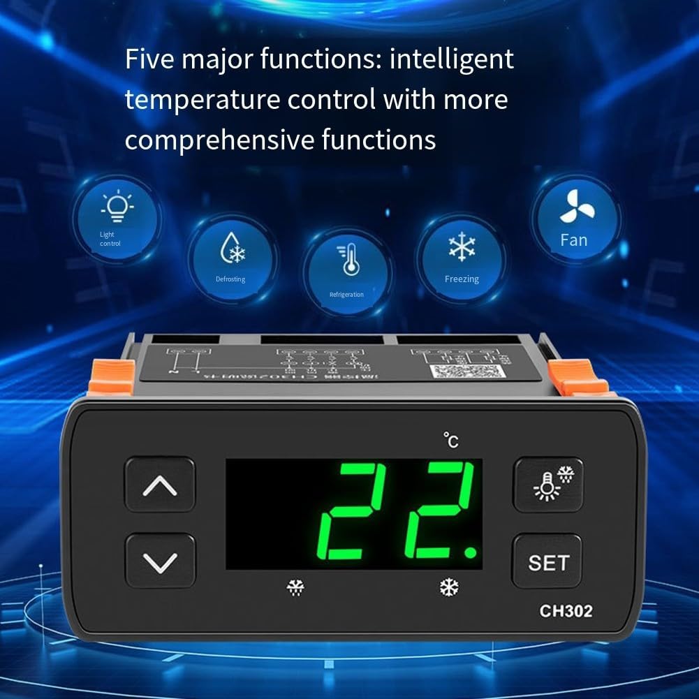 FABULETTA KWS-CH302 Intelligent Temperature Controller with Dual Sensor for Refrigeration, Defrosting and Alarm, AC110V/AC220V, Digital Thermostat for Industrial PLC Module Integration
