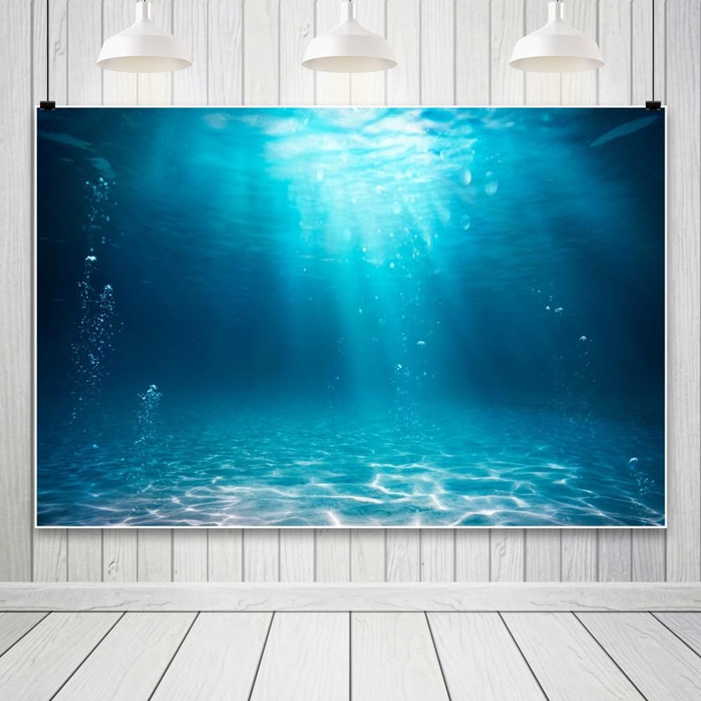 Renaiss 10x7ft Underwater World Backdrop Deep Blue Water Sun Ray Bubbles Background Undersea Sunlight Seascape Ocean Diving Mermaid Summer Party Banner Fish Tank Aquarium Decors Photo Booth Props