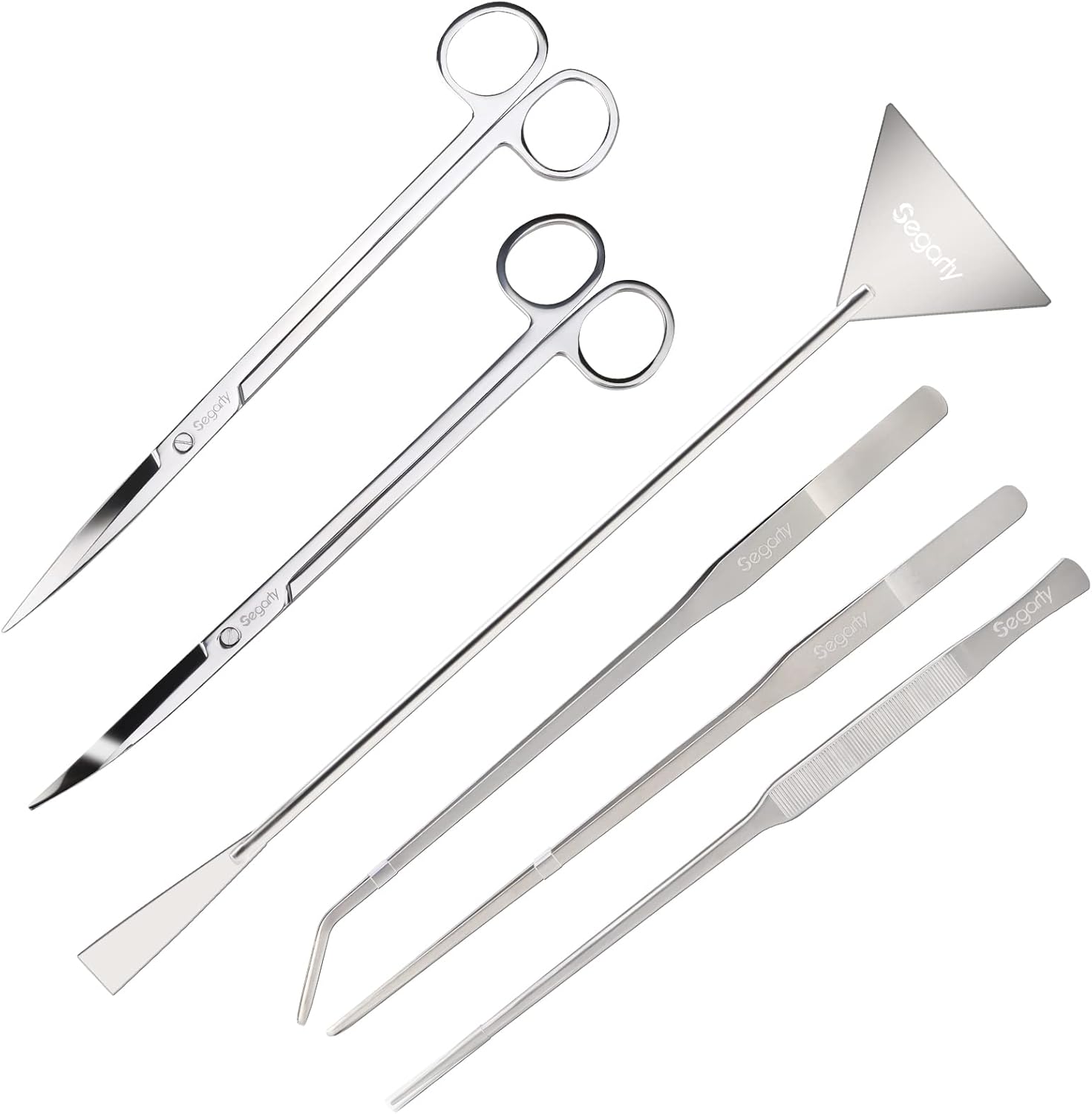 Segarty Aquarium Aquascaping Tools, 6 in 1 Stainless Steel Silver Aquascaping Tools Kit for Aquatic Plant Fish Tank, Long Scrapers Spatula Feeding Tweezers Curved Straight Scissors Aquarium Tools