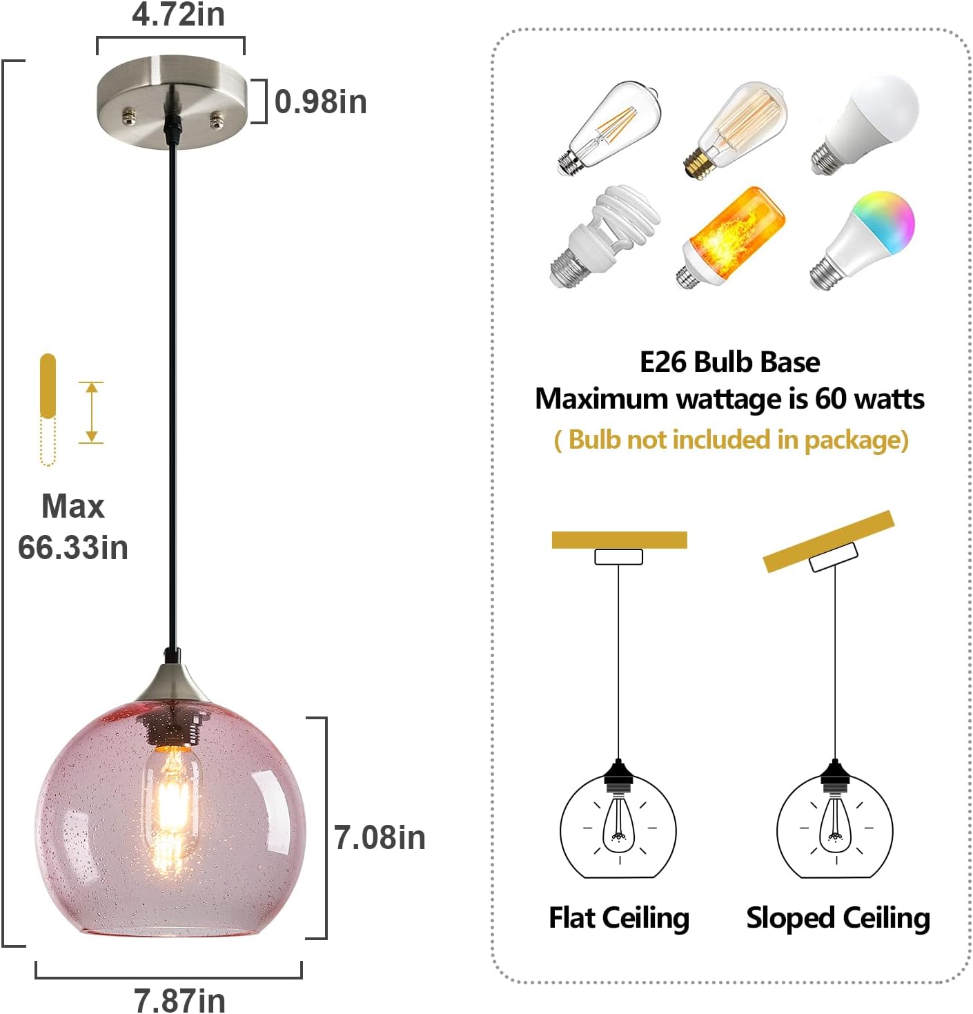 Pink Glass Pendant Lights Kitchen Island Lighting Globe Pendant Light Fixtures Modern Pendant Lighting for Bedroom Living Dining Room Light Fixture (7.87 in, 2 Pack)