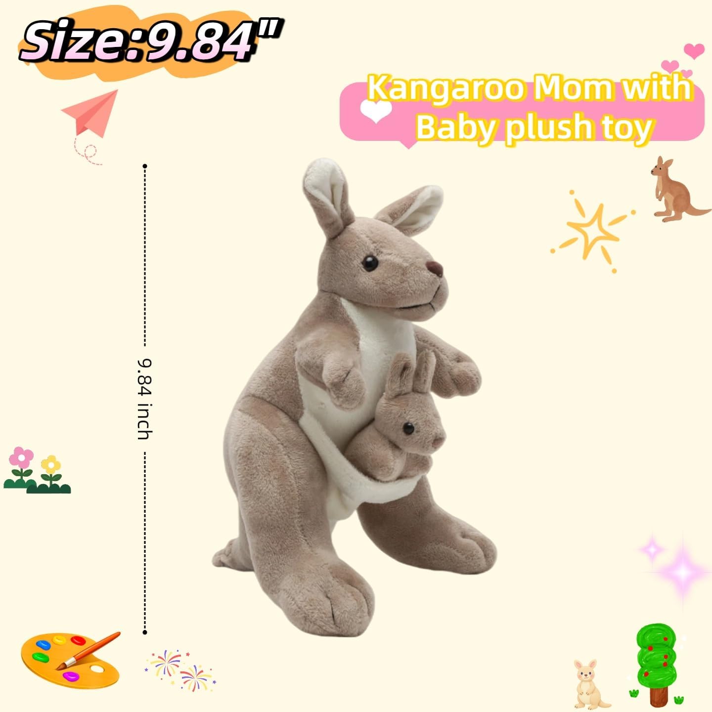 9.84" Kangaroo Plush Toy with Baby Joey, Cute Stuffed Animal Doll, Soft Cuddly Kangaroo Mom and Baby, Perfect Birthday for Kids, Friends, Home Decoration