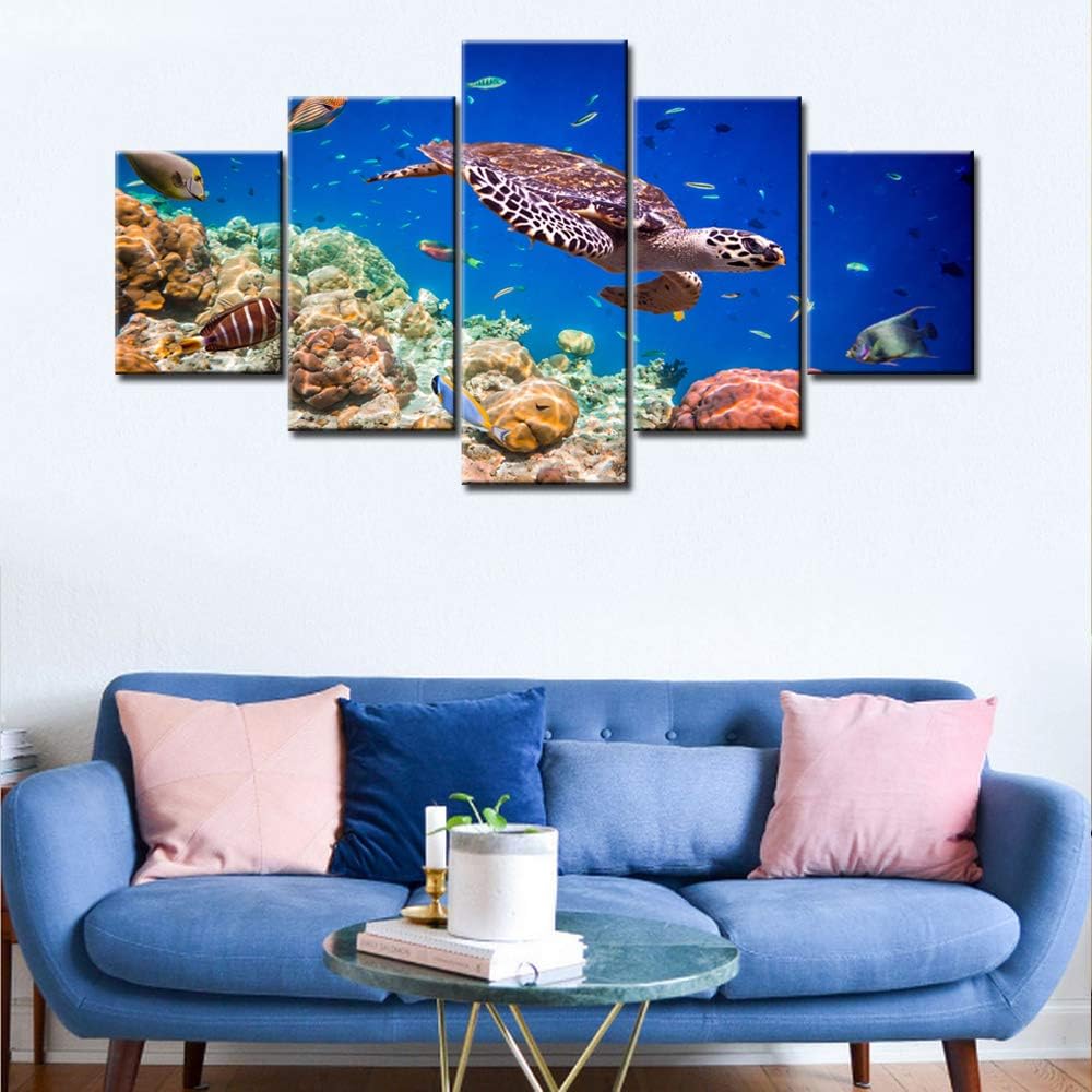 Sea Turtle Paintings Multi Panel Wall Art Underwater World Pictures Coral Reef Fish Artwork Printed on Canvas for Living Room Modern House Decor Stretched Framed Giclee Ready to Hang(60''Wx32''H)