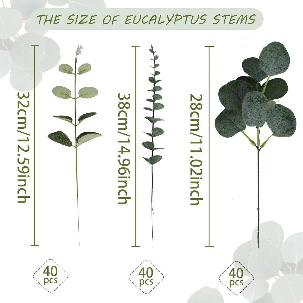 120 Pcs 3 Kinds Mixed Artificial Eucalyptus Leaves Stems Fake Silver Dollar Eucalyptus Leaves Stem Bulk Faux Leaf for DIY Bouquets Floral Arrangement Wedding Home Decor
