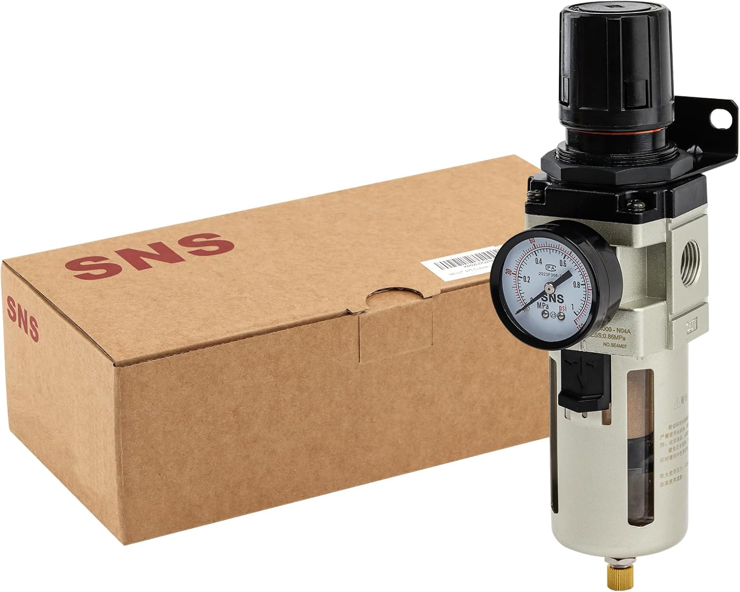 SNS 1/2”NPT Compressed Air Filter Regulator Piggyback Combo, Semi-auto Drain, 5 Micron Brass Filter, Gauge and Bracket, Poly Bowl with Metal Guard AW4000-N04A