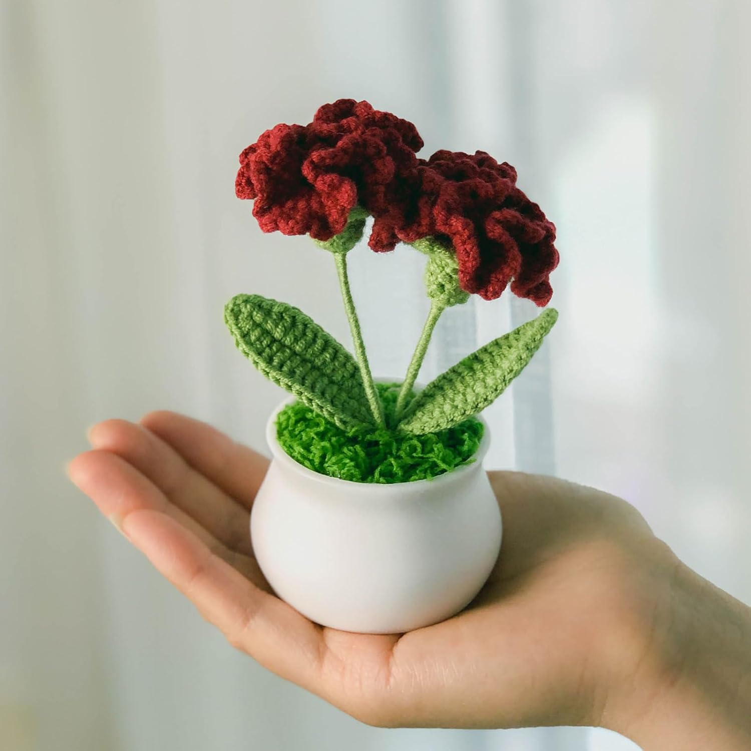 Crochet Flowers Cute Little Potted Flower, Birthday Gifts for Women, Mother's Day, Teacher’s Day, Graduation, Anniversary, Desk Decor, Home Office Decoration (Burgundy Carnation)